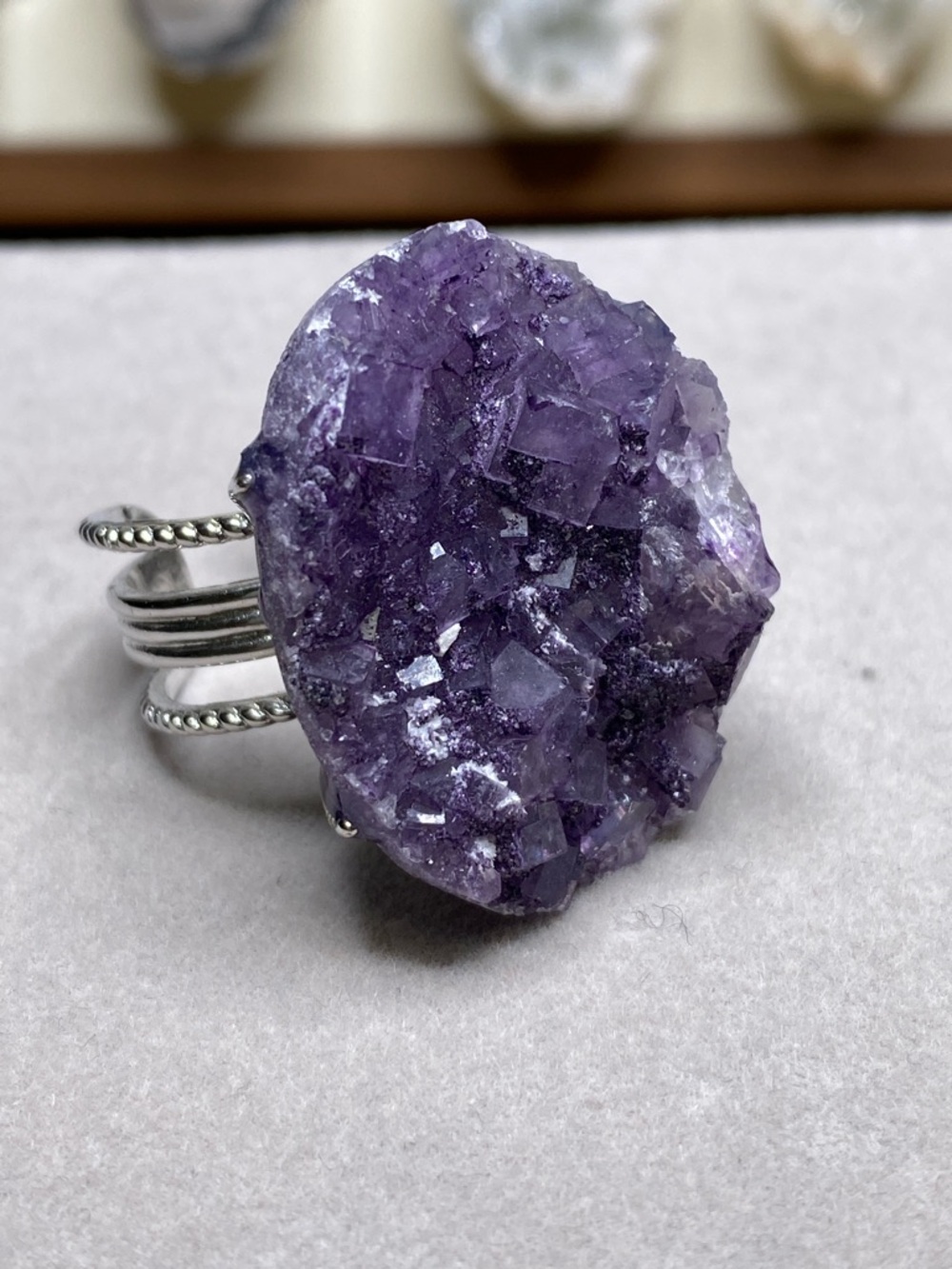 Purple Fluorite Crystal Cluster Ring • Deep Violet Stone • Geometric Statement - Picture 1 of 9